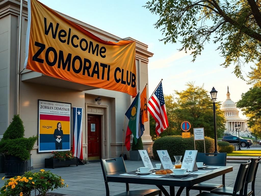 Flick International Exterior view of the National Democratic Club in Washington, D.C. with a 'Welcome Zohran Mamdani' banner