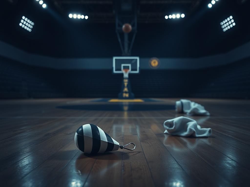 Flick International Referee's whistle resting on a basketball court after a tense game