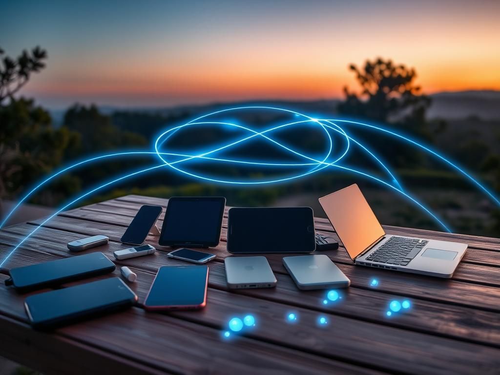 Flick International A serene outdoor scene showcasing various electronic devices wirelessly connected through glowing Bluetooth signals at twilight