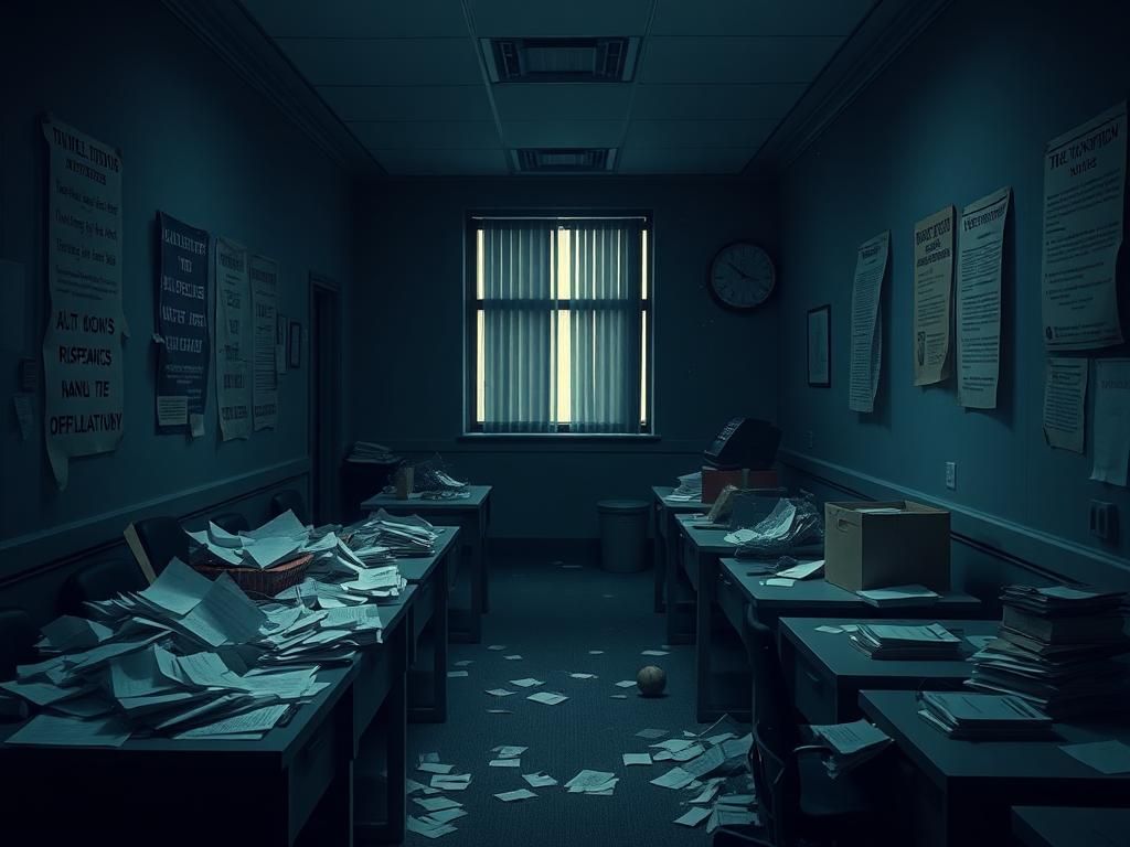 Flick International A dimly lit State Department hall with empty desks and discarded paperwork reflecting recent cuts.