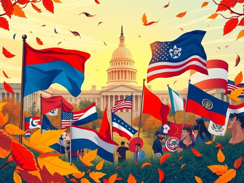 Flick International A vibrant political landscape showcasing symbols of far-left and conservative ideologies with a state capitol building in background