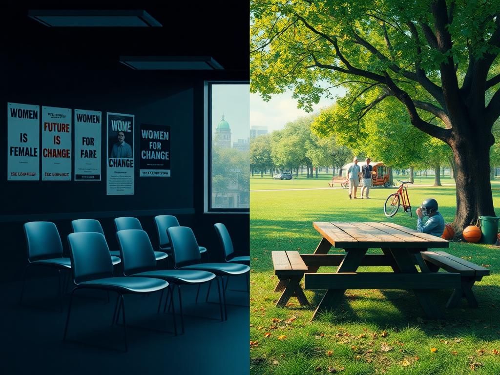 Flick International A split scene showing contrasting environments illustrating the disconnect between male voters and the Democratic Party.