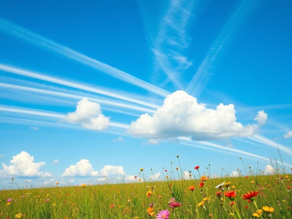 Flick International A serene landscape illustrating blue skies and contrails