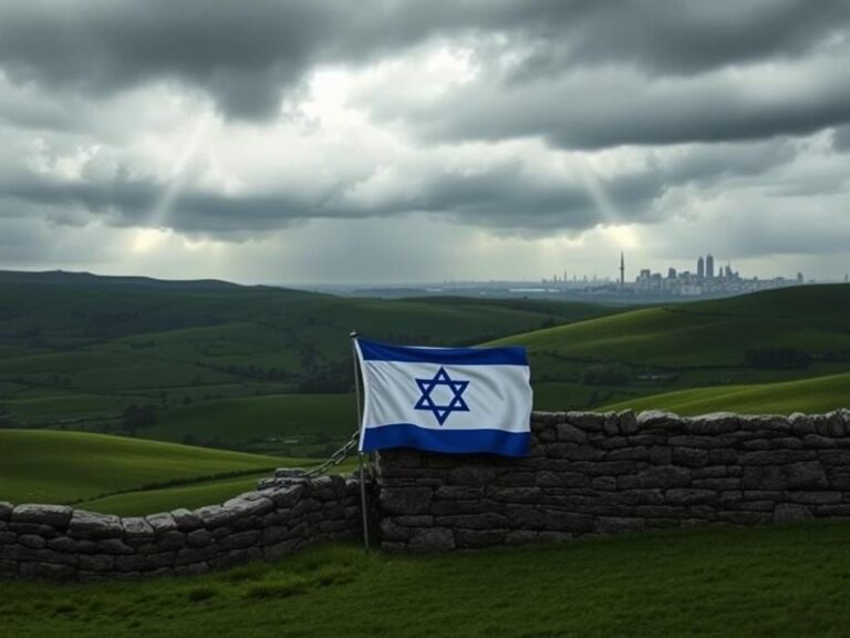 Flick International A somber landscape merging Irish and Israeli cultural symbols, showcasing a stone wall with a partially covered Israeli flag.