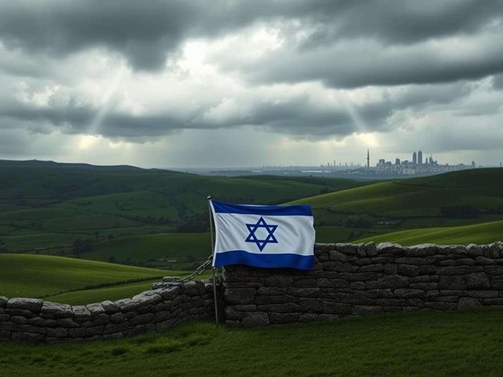 Flick International A somber landscape merging Irish and Israeli cultural symbols, showcasing a stone wall with a partially covered Israeli flag.