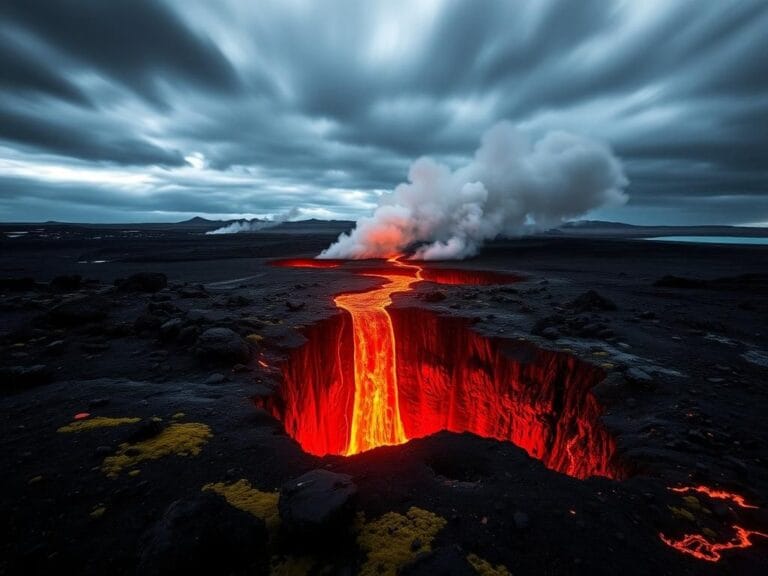 Flick International Volcanic eruption in Iceland with lava flowing and ash clouds
