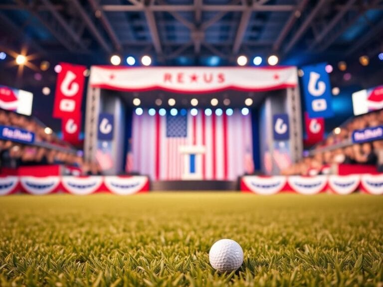 Flick International A vibrant outdoor scene reflecting the energy of the Republican National Convention with an empty stage and patriotic decorations.
