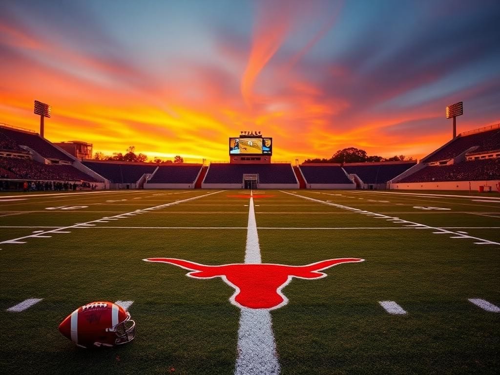 Flick International Vibrant football field at sunset featuring Texas Longhorns logo