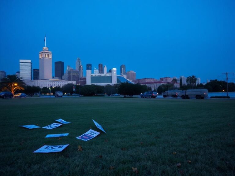 Flick International Serene urban landscape of Downtown Los Angeles at twilight, showcasing an empty park and distant National Guard barracks.