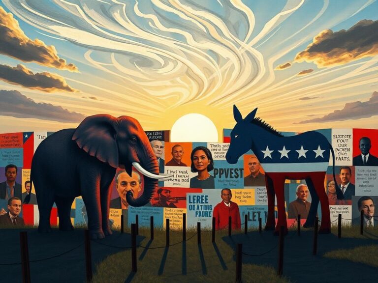 Flick International Abstract representation of a political landscape with an elephant and donkey faced away from each other against a colorful mural.