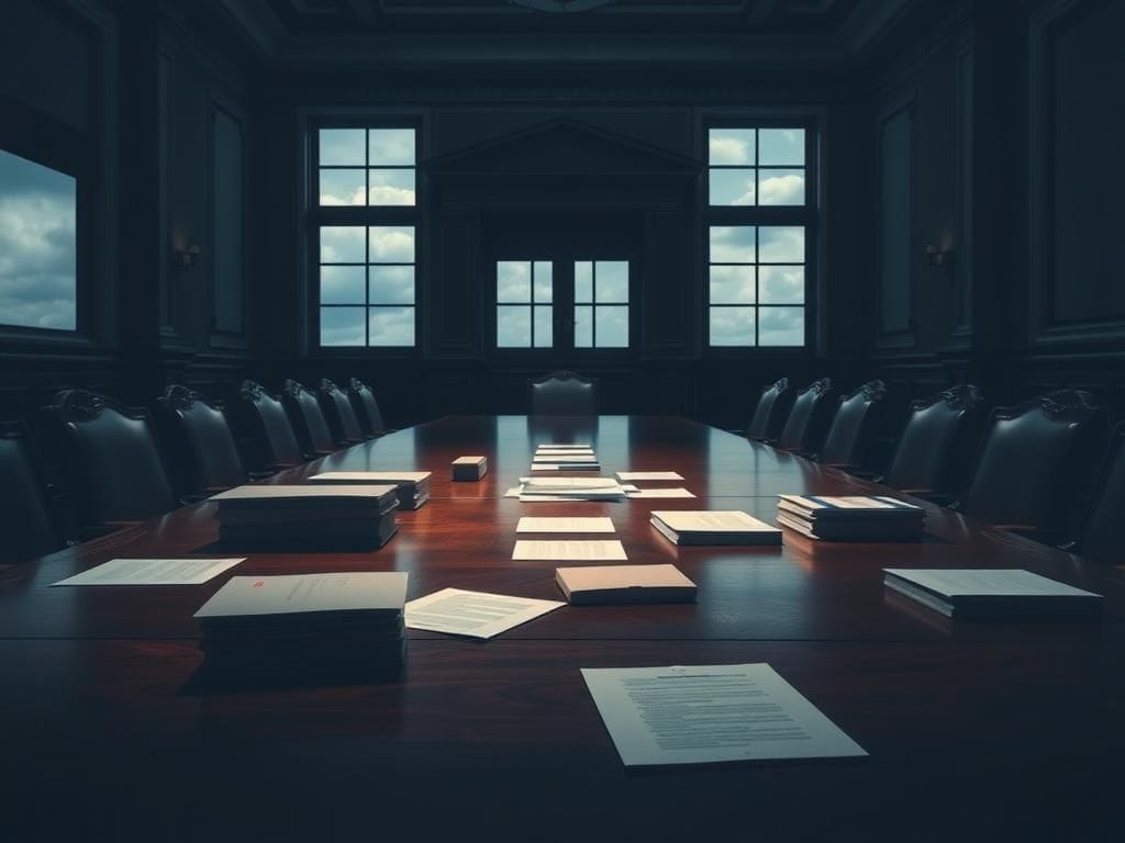Flick International Grand room with a long conference table surrounded by empty chairs, symbolizing anticipation.