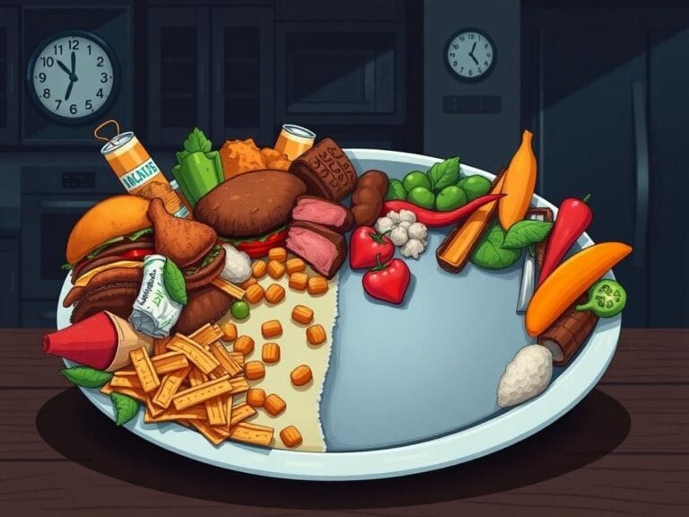 Flick International Illustration of a plate divided to showcase unhealthy Western diet foods alongside healthier options
