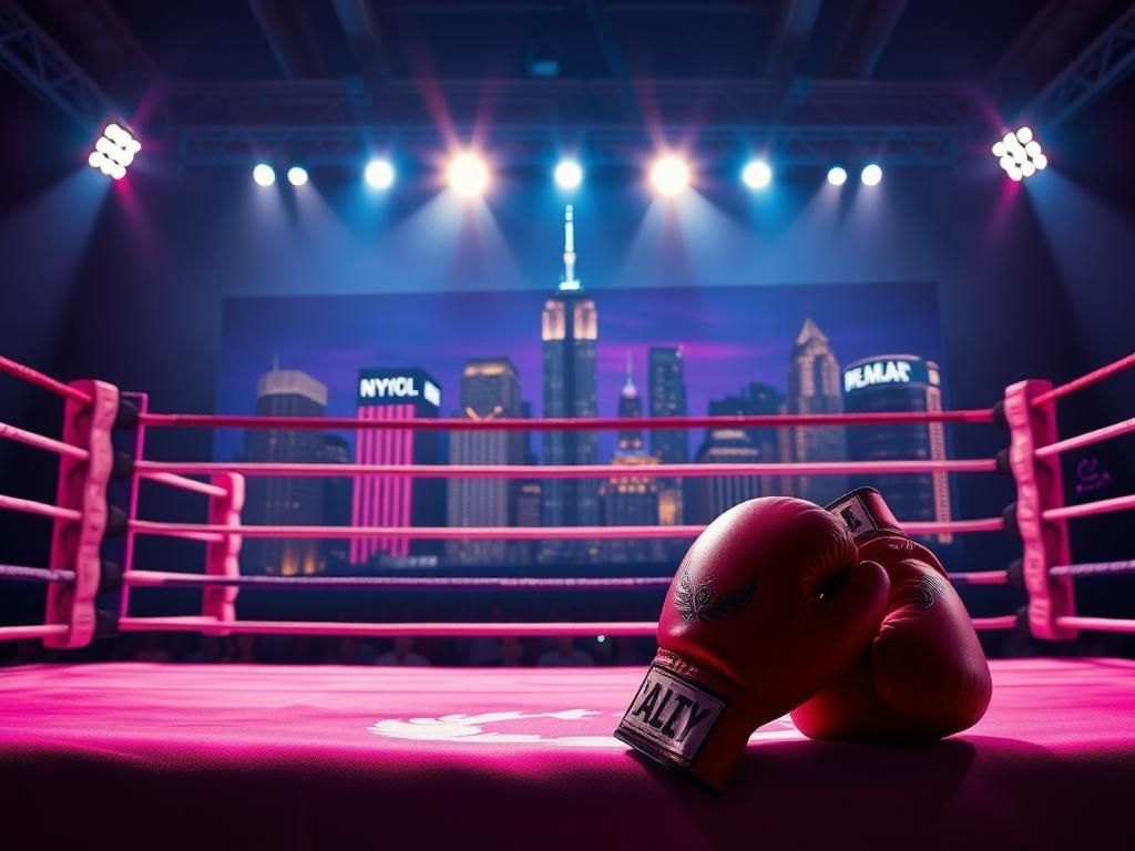 Flick International Dramatic boxing ring with New York City skyline at night