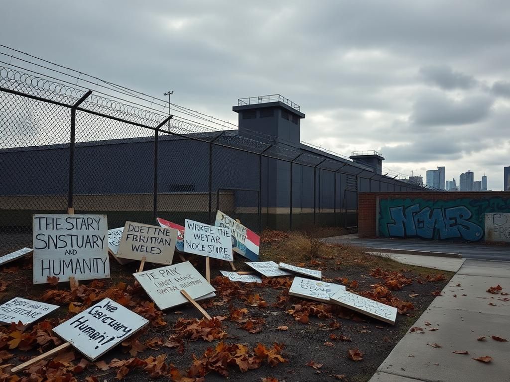 Flick International Exterior view of a large detention facility with chain-link fences and barbed wire under a cloudy sky