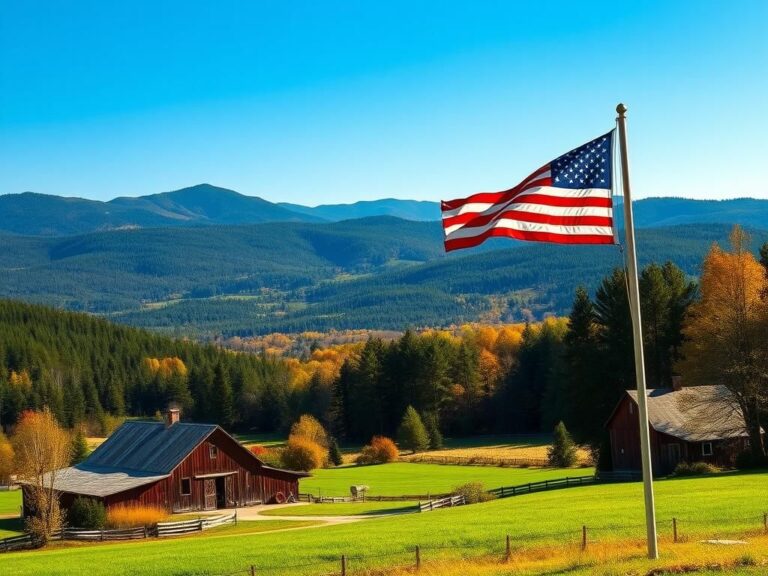 Flick International Scenic view of New Hampshire's landscape featuring a rustic farmstead and an American flag