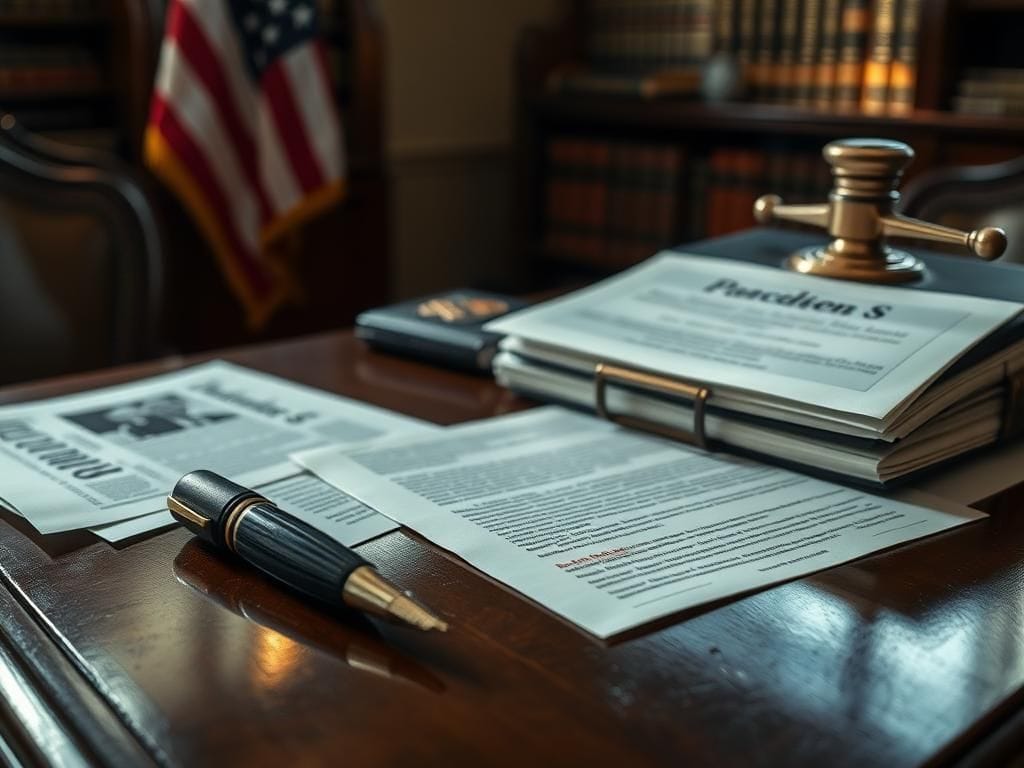 Flick International Close-up of a vintage wooden desk with legal documents and an autopen machine
