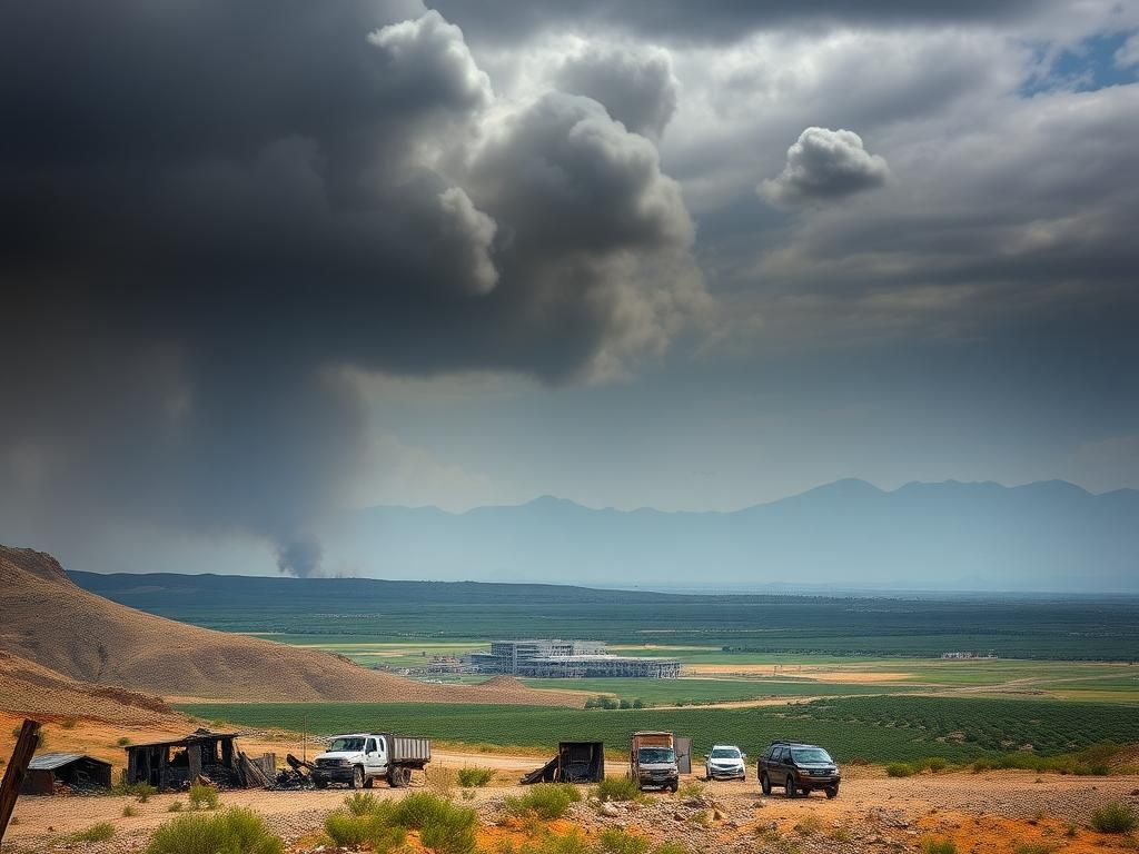 Flick International Dramatic landscape of southwestern Syria with military headquarters and smoke rising from a recent strike