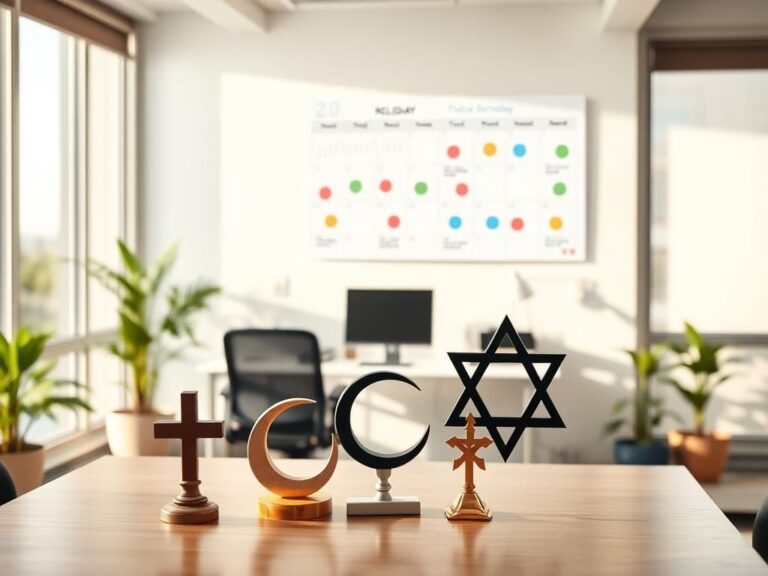 Flick International A serene office environment showcasing inclusivity with symbols of various faiths