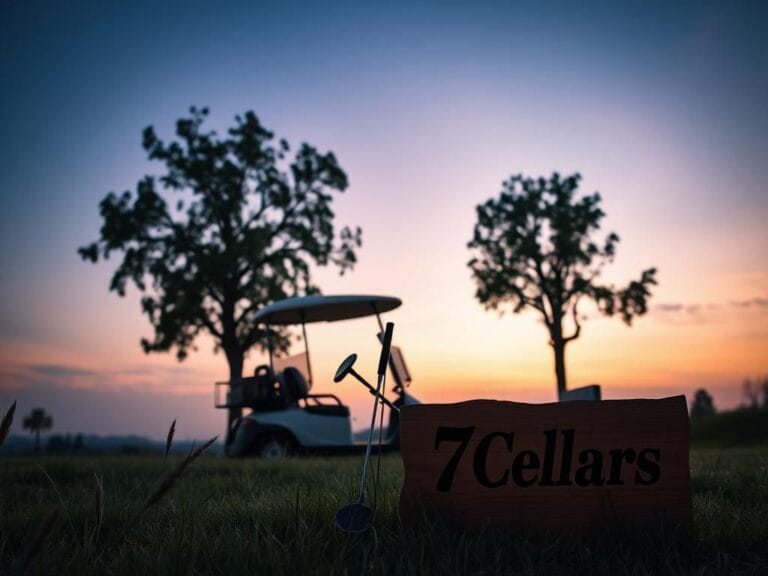 Flick International A serene twilight landscape featuring a golf cart parked beside a tree at sunset