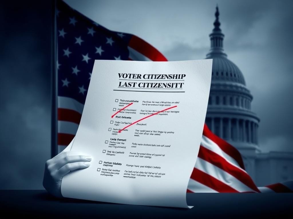 Flick International Conceptual image representing voter citizenship and election integrity, featuring a document and U.S. flag.