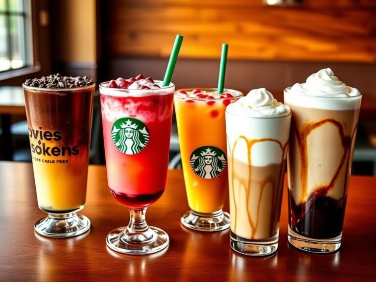Flick International A vibrant tabletop scene showcasing four unique Starbucks secret menu beverages in stylish glassware