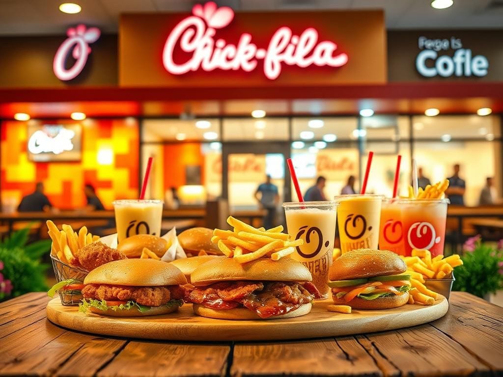 Flick International A Chick-fil-A restaurant exterior with its iconic logo and a display of chicken sandwiches and waffle fries on a rustic wooden table.