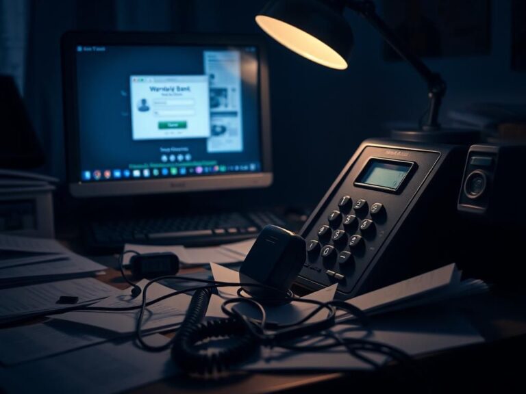 Flick International Dimly lit cluttered home office desk with an old-fashioned landline telephone, symbolizing outdated technology and vulnerability to fraud.