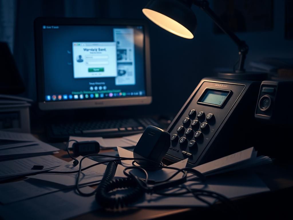 Flick International Dimly lit cluttered home office desk with an old-fashioned landline telephone, symbolizing outdated technology and vulnerability to fraud.