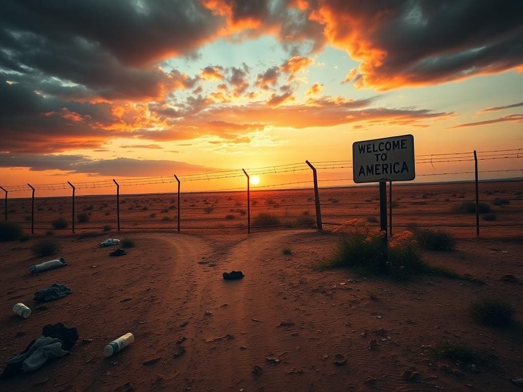 Flick International A desolate border landscape with a barbed-wire fence and sunset