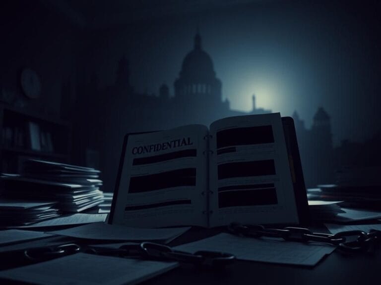 Flick International Dramatic image of a dimly lit office with a confidential file marked 'Confidential' and shadowy government building silhouette