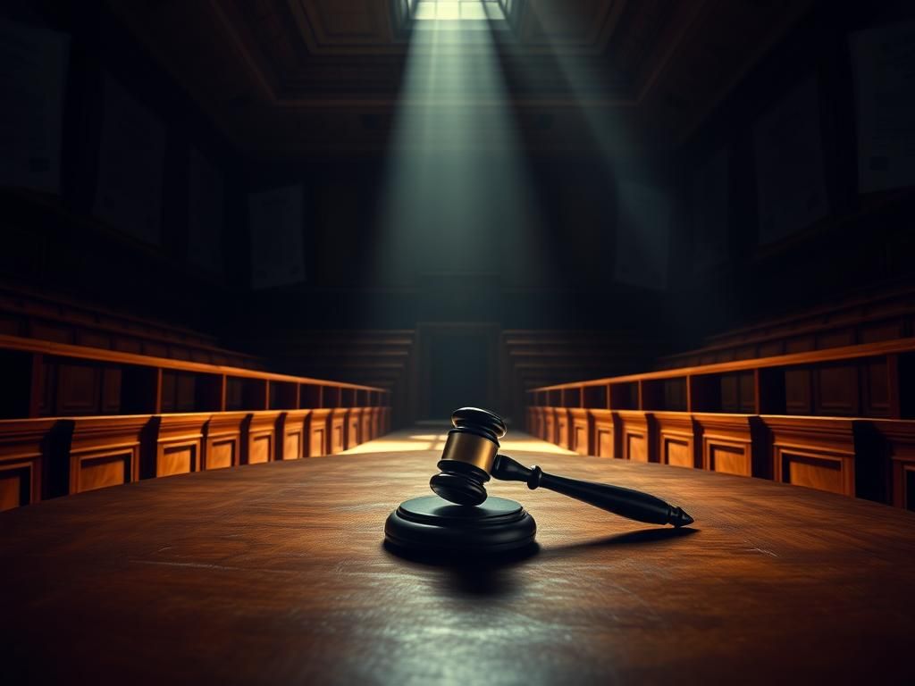 Flick International Dimly lit courtroom interior with gavel, symbolizing justice
