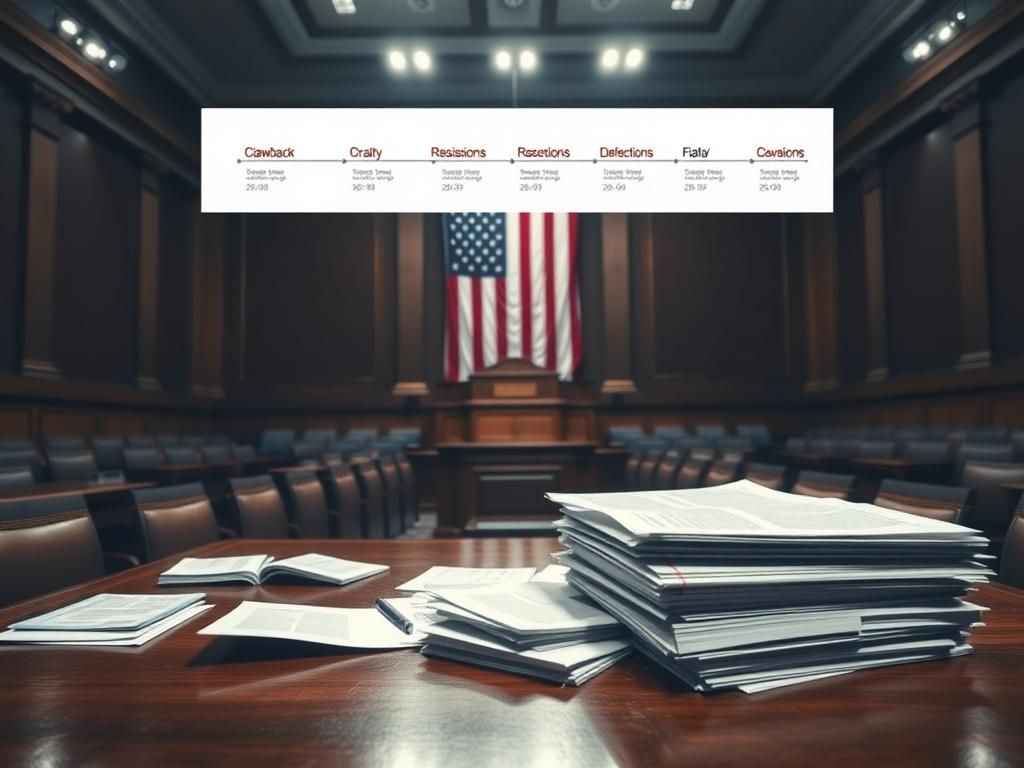 Flick International Dimly lit Senate chamber with empty seats and an empty wooden lectern, symbolizing ongoing political debates.