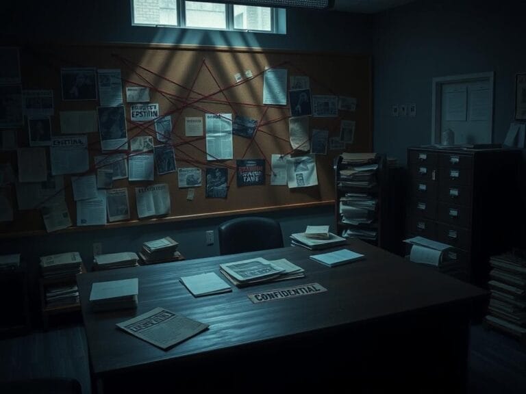 Flick International A dimly-lit office with a heavy wooden desk cluttered with confidential documents