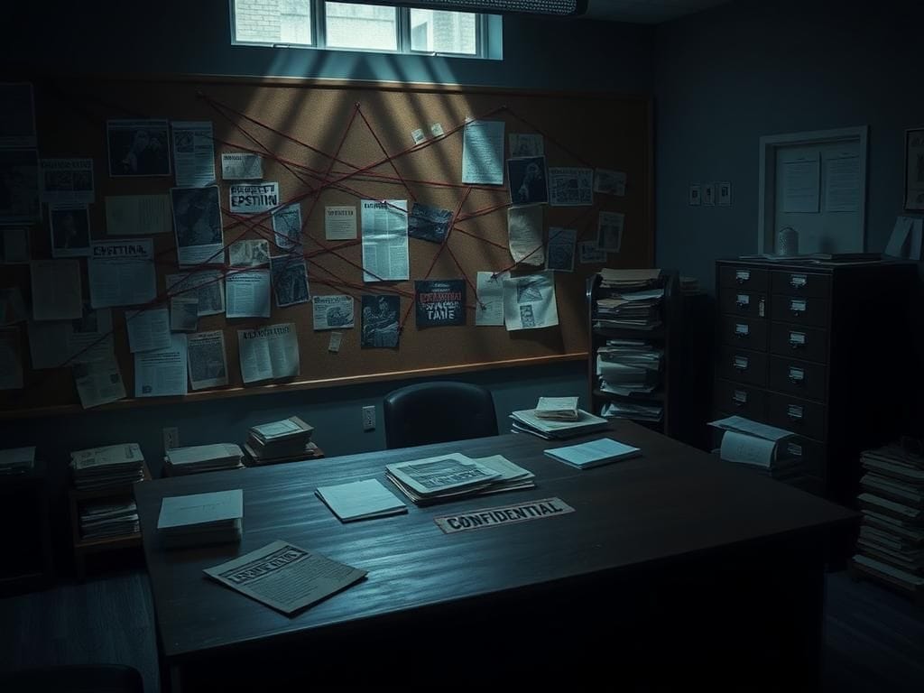 Flick International A dimly-lit office with a heavy wooden desk cluttered with confidential documents