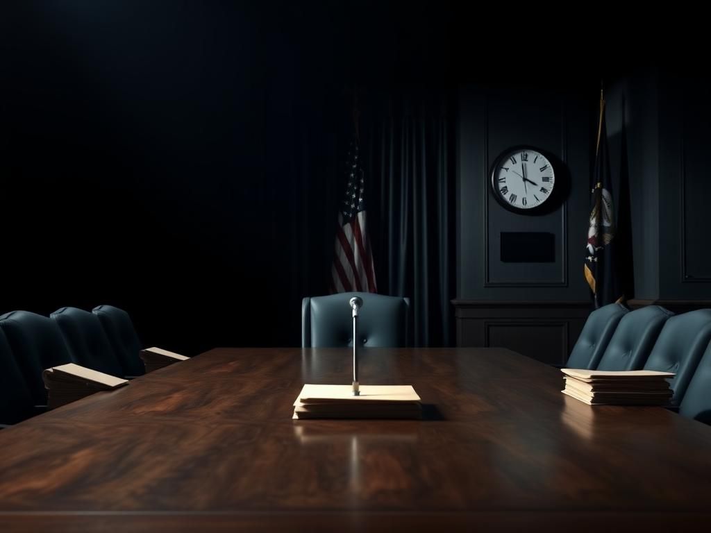 Flick International A somber conference room with an empty chair and closed folders symbolizing unanswered questions in a political investigation