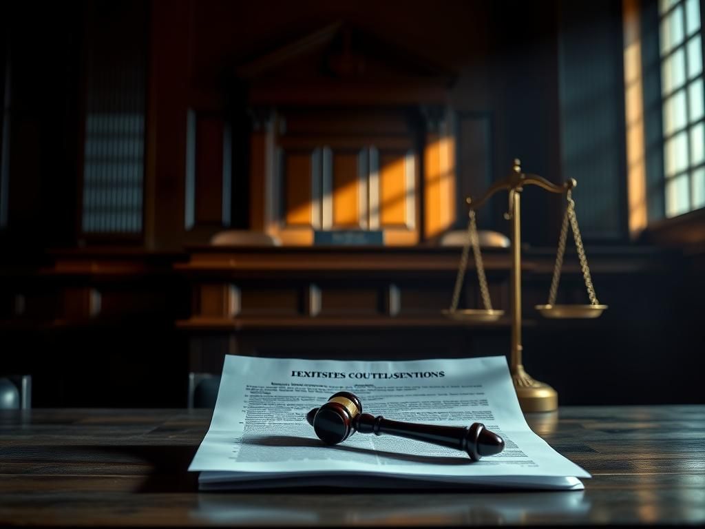 Flick International Dimly lit courtroom with a stack of legal documents and a judge's bench symbolizing a high-profile case