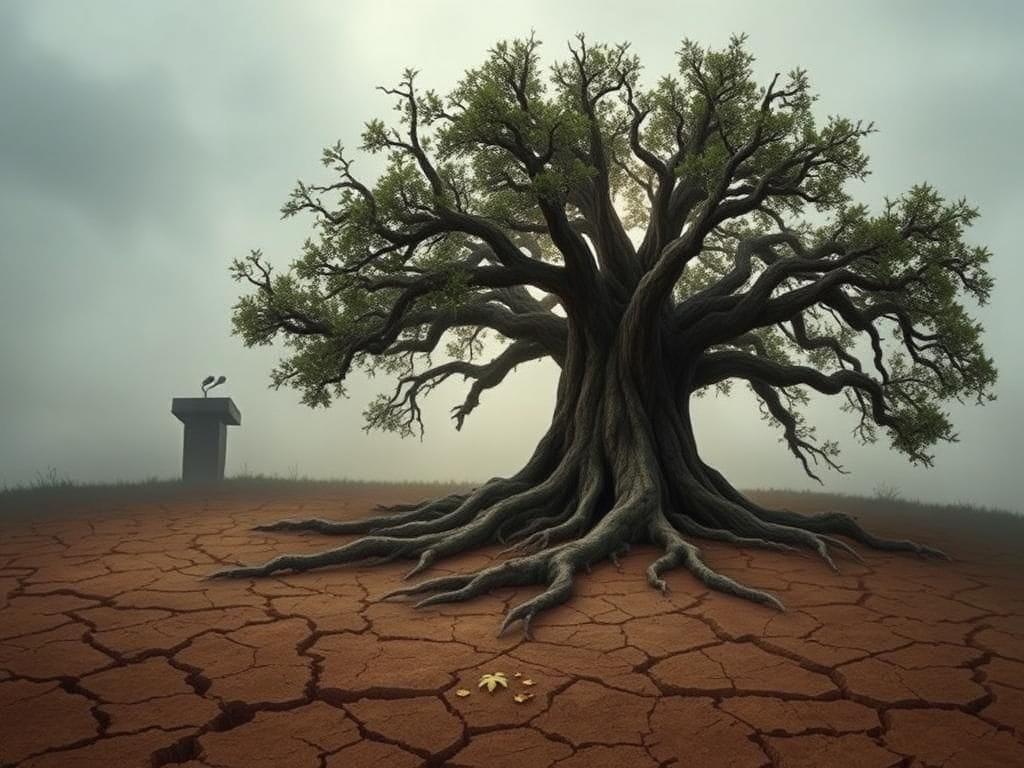 Flick International A weathered oak tree representing the Democratic Party with struggling roots in dry soil