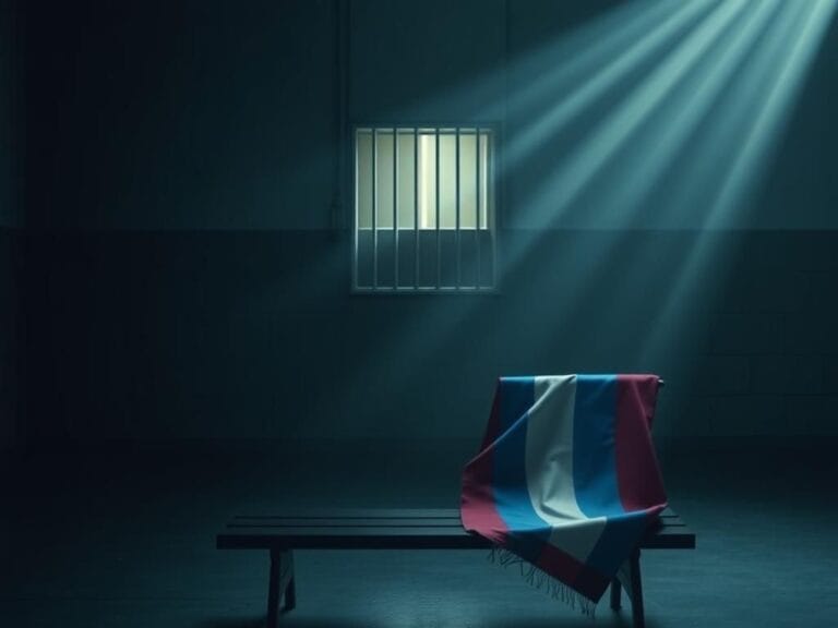 Flick International An empty detention facility featuring cold metal bars and a colorful transgender pride flag draped over a bench