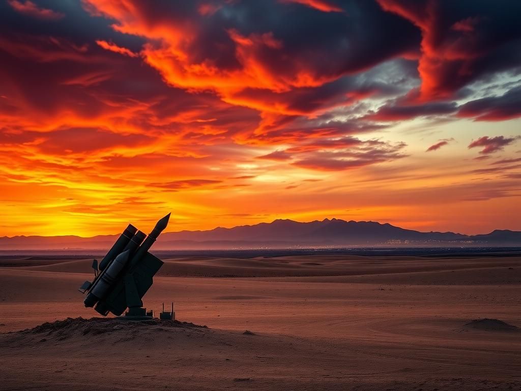 Flick International Tense landscape of Iran with a missile launcher in a desolate desert at sunset