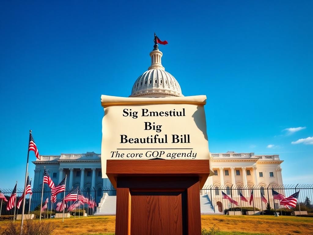 Flick International Grand legislative building with a scroll labeled 'Big Beautiful Bill' symbolizing GOP's midterm strategy
