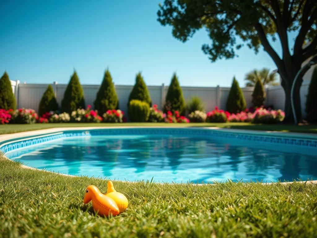 Flick International serene backyard swimming pool scene reflecting bright blue sky with inflatable toys