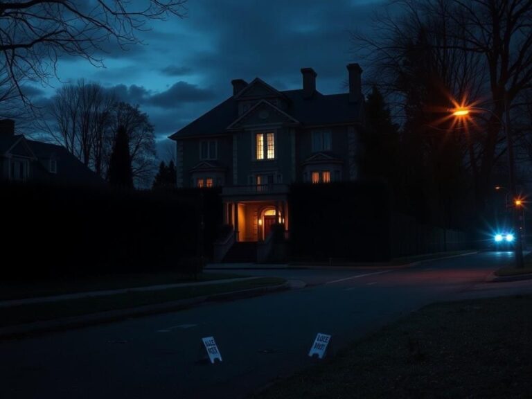 Flick International Dimly lit suburban street with an imposing mansion and police evidence markers