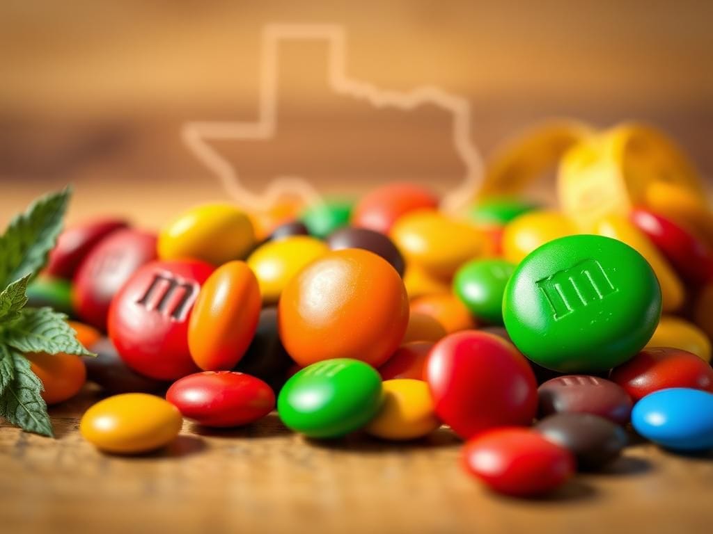 Flick International Close-up of colorful M&Ms and Skittles candies arranged on a wooden surface with a touch of health-themed elements.