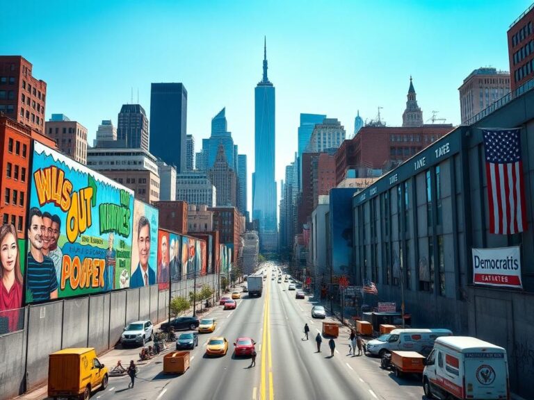 Flick International Dynamic urban landscape of New York City showcasing the political divide in the mayoral race