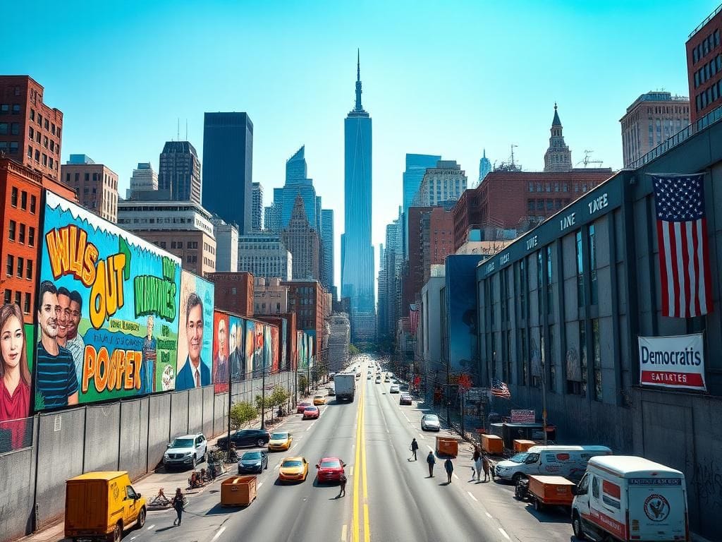 Flick International Dynamic urban landscape of New York City showcasing the political divide in the mayoral race