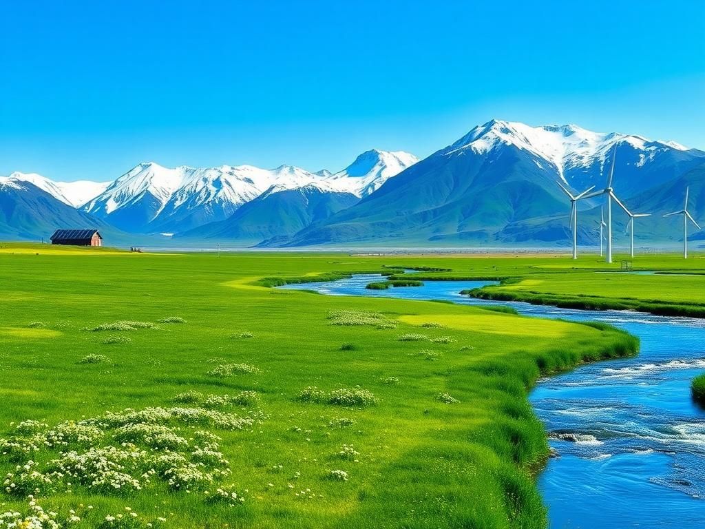 Flick International Panoramic view of a rugged Alaskan landscape featuring snow-capped mountains and lush green grass