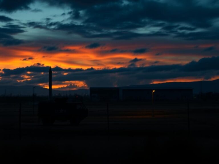 Flick International Dramatic depiction of a U.S. military base at dusk, highlighting tension and uncertainty.