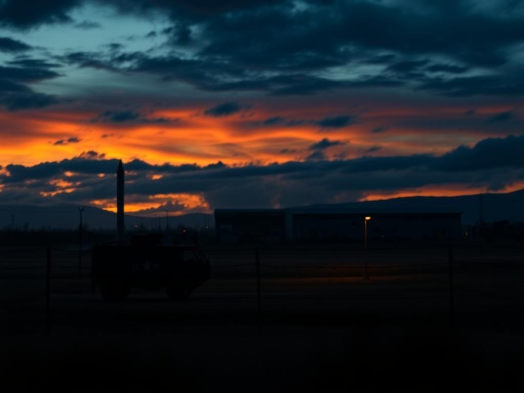 Flick International Dramatic depiction of a U.S. military base at dusk, highlighting tension and uncertainty.