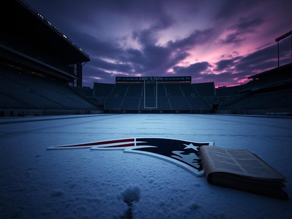 Flick International Empty football field at dusk with New England Patriots logo covered in snow