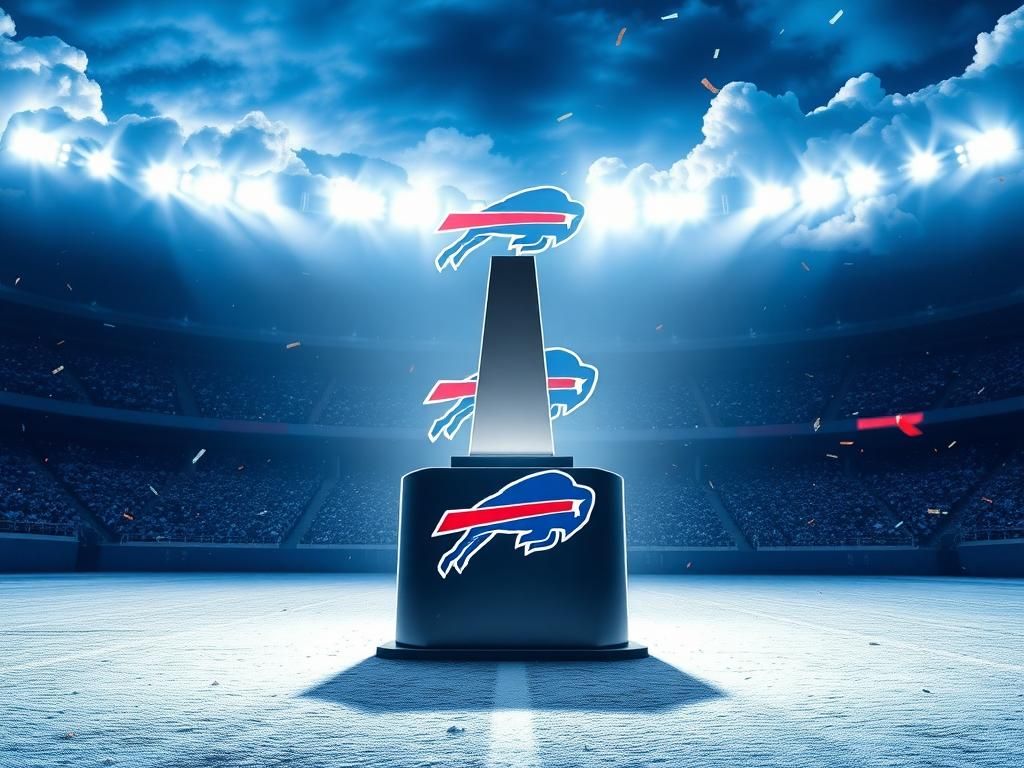 Flick International A snowy football field with the Buffalo Bills logo and an empty trophy pedestal symbolizing ambition.
